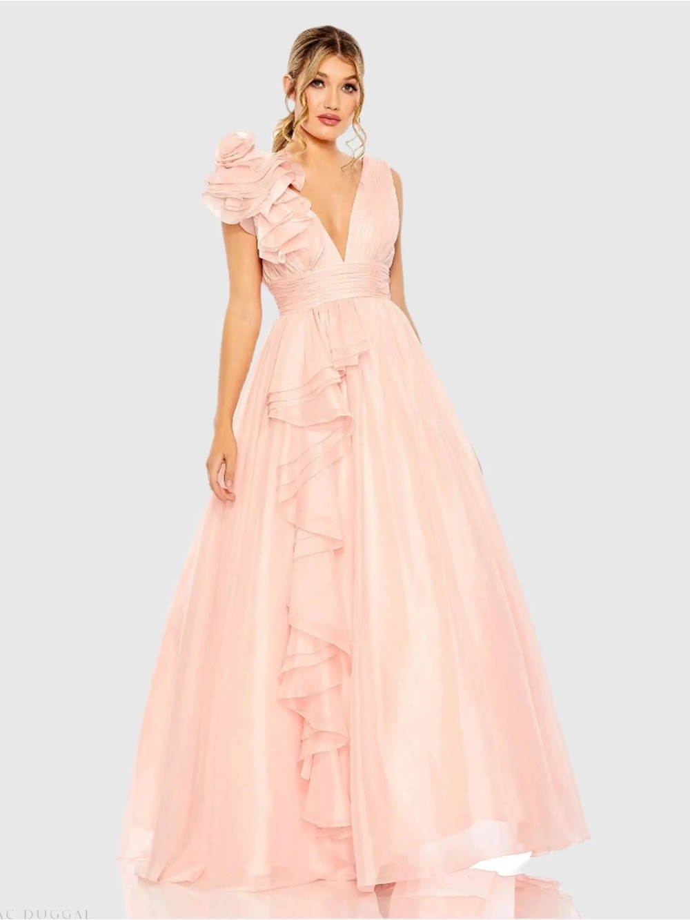 Mac Duggal 48856 Light Pink Ruffle Shoulder V-Neck Chiffon Gown sz 8